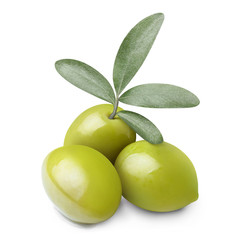 Close-up of three ripe olives with leaves, isolated on white background