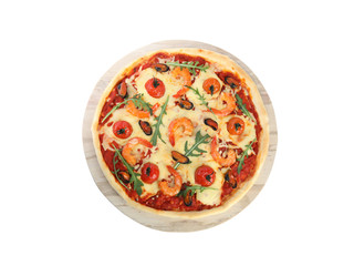 Delicious seafood pizza isolated on white, top view