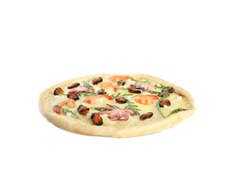 Hot delicious seafood pizza isolated on white