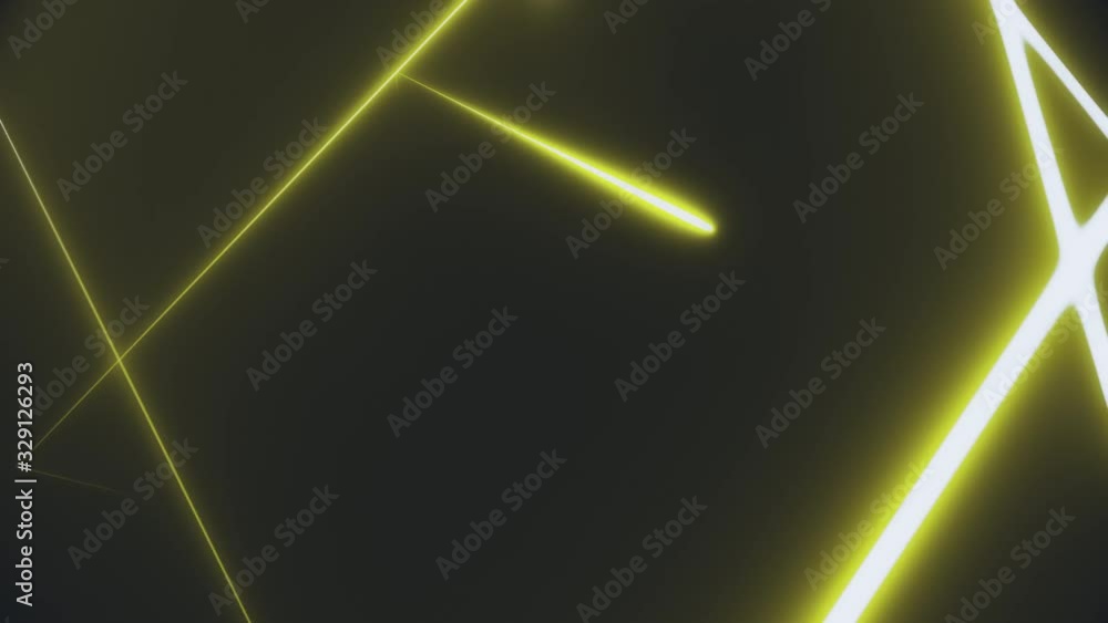 Poster abstract tunnel of neon triangles on a black background formed by bright yellow intersecting lines. 