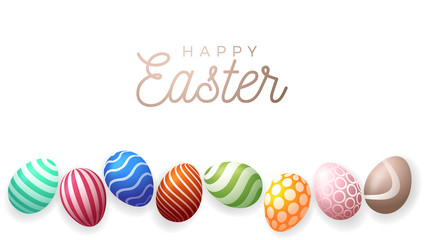 Happy easter greeting card vector illustration. A horizontal banner of white with multicolored textured eggs that stand in a row