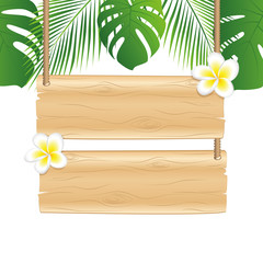 blank wooden hanging sign with frangipani flower under palm leaves tropical design vector illustration EPS10
