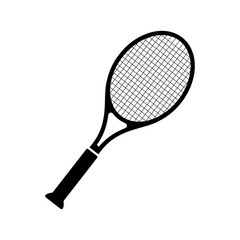 Vector black tennis racquet icon. Game equipment. Professional sport, classic racket for official competitions and tournaments. Isolated illustration.