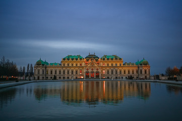 Upper Belvedere Palace (Schloss Oberes Belvedere) in Vienna, Austria. Blue twilight sky. One of Vienna main attractions