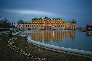 Upper Belvedere Palace (Schloss Oberes Belvedere) in Vienna, Austria. Blue twilight sky. One of Vienna main attractions