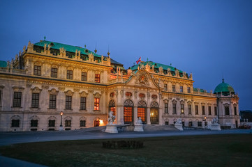 Fototapeta na wymiar Upper Belvedere Palace (Schloss Oberes Belvedere) in Vienna, Austria. Blue twilight sky. One of Vienna main attractions