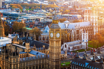 Fototapeta Beautiful panoramic scenic view on London's southern part from window of London Eye tourist attraction wheel cabin: cityscape, Westminster Abbey, Big Ben, Houses of Parliament and Thames river obraz