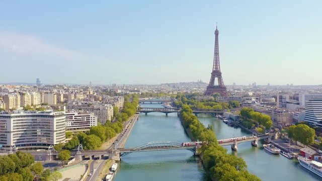 PARIS, FRANCE - MAY, 2019: Aerial drone view of historical city centre and Eiffel tower