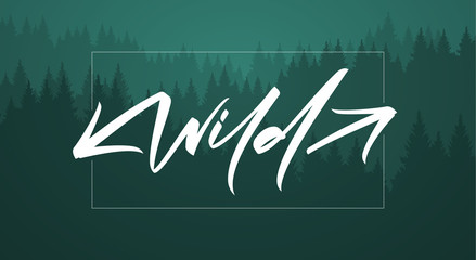 Handwritten brush lettering of Wild on dark forest background.