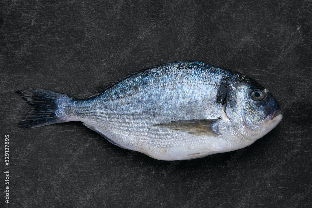 Wall mural overhead view of whole fresh raw gilt head bream