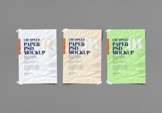 3 Crumpled Papers with Taped Corners Mockup