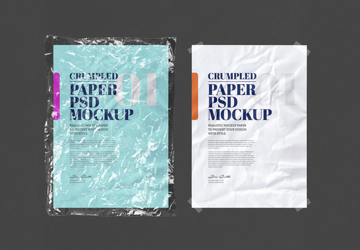 Crumpled Paper in Plastic Sleeve and Crumpled Paper with Taped Corners Mockup