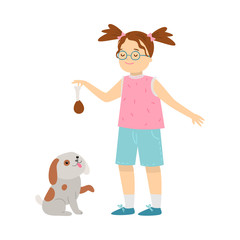 Girl training her puppy pet with bone treat vector illustration