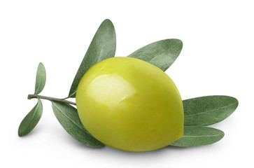 Close-up of green olive with olive branch, isolated on white background