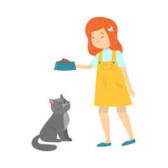 Girl standing and feeding her cat from bowl vector illustration