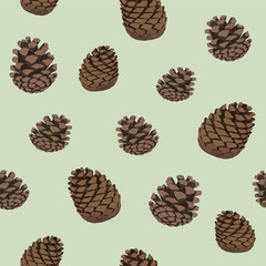 Seamless repeating pattern of pinecones on green background