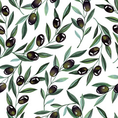 Watercolor illustration with black olive branches and berries. Seamless pattern.