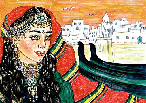 Moroccan woman berber style portrait in sunset with the cityscape on the background, hand made painting
