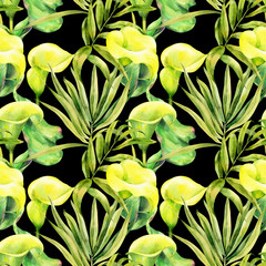 Watercolor seamless pattern with calla lily yellow calla flowers, palm leaves on a black background, houseplant botanical, tropic drawing. Stock illustration. Fabric wallpaper print texture.