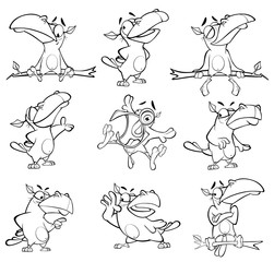 Vector Illustration of a Cute Cartoon Character Raven for you Design and Computer Game. Coloring Book Outline Set