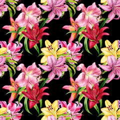 Fototapeta na wymiar Watercolor seamless pattern with lily, red, pink, yellow, orange lilly flowers, botanical drawing. Stock illustration. Fabric wallpaper print texture.