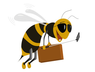 Cheerful bee in glasses flying with suitcase to rest
