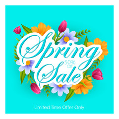 Fototapeta na wymiar Beautiful fresh flower on floral spring sale background for advertisement and promotion banner in vector