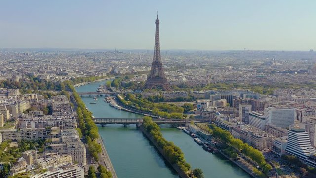 PARIS, FRANCE - MAY, 2019: Aerial drone view of historical city centre and Eiffel tower