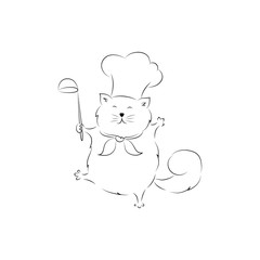Vector illustration of cute chef cat, black linear silhouette