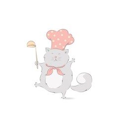 Vector illustration of cute chef cat,cartoon design isolated on white background.