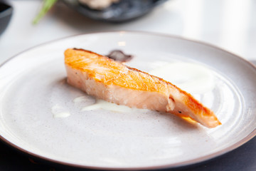Grilled fresh salmon steak with sauce