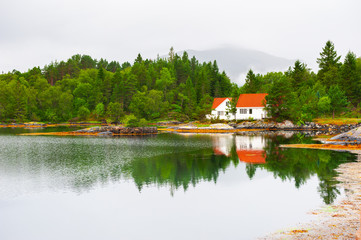 Fototapeta na wymiar Houses and green trees on the shore of lake in misty morning, Norway