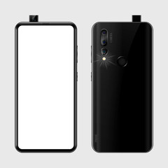 Black smartphone with blank screen for your design on isolated background, phone rear view with camera, flash and fingerprint, vector illustration