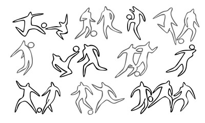 Football icon. set of silhouettes of football players in different poses, vector on a white background. Contour style.