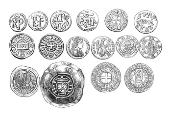 Antique coin collection / crypto currencies /Antique illustration from Brockhaus Konversations-Lexikon 1908