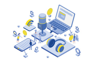 Online training, podcast, radio. Podcast concept illustration. People working together for creating podcast.