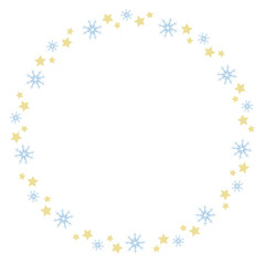 Obraz na płótnie Canvas Round frame with light blue snowflakes and yellow stars on white background. Vector image.