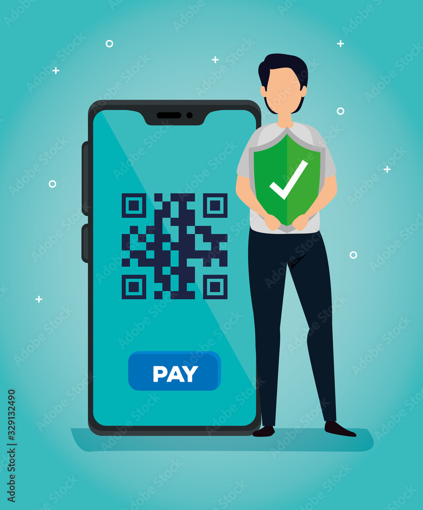 Poster code qr in smartphone with businessman and icons vector illustration design