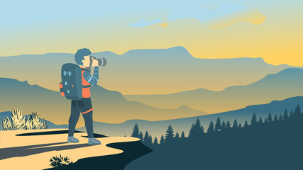 backpacker standing on top of mountain, illustration