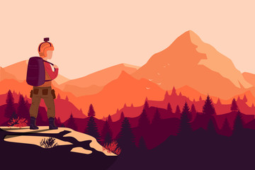 backpacker standing on top of mountain, illustration