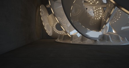 Architectural background. Abstract concrete interior with smooth glossy white discs. Neon lighting. 3D illustration and rendering.
