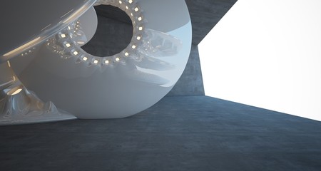 Architectural background. Abstract concrete interior with smooth glossy white discs. Neon lighting. 3D illustration and rendering.