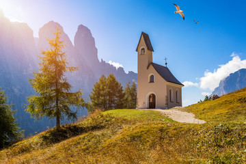 Chapel of San Maurizio at Passo Gardena, South Tyrol, Italy.  View to path to small white chapel...