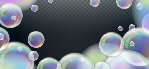 Realistic iridescent colorful soap bubbles with reflection on transparent background. Vector illustration.