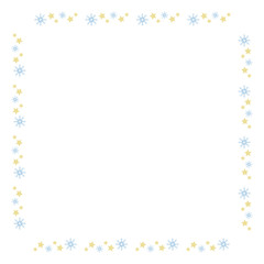 Square frame with light blue snowflakes and yellow stars on white background. Vector image.