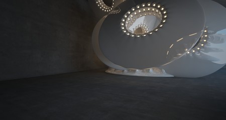 Architectural background. Abstract concrete interior with smooth glossy white discs. Neon lighting. 3D illustration and rendering.