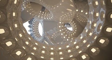 Architectural background. Abstract concrete interior with smooth glossy white discs. Neon lighting. 3D illustration and rendering.