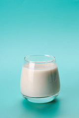 Coconut or almond milk on blue background with palm leaf