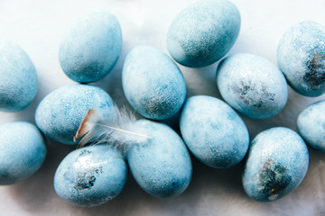 Group ombre blue Easter eggs isolated on white background. Dyed Easter eggs.Compositions in pastel colors. Easter consept. Flat lay, top view. Copy space