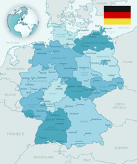 Blue-green detailed map of Germany and administrative divisions with country flag and location on the globe. Vector illustration